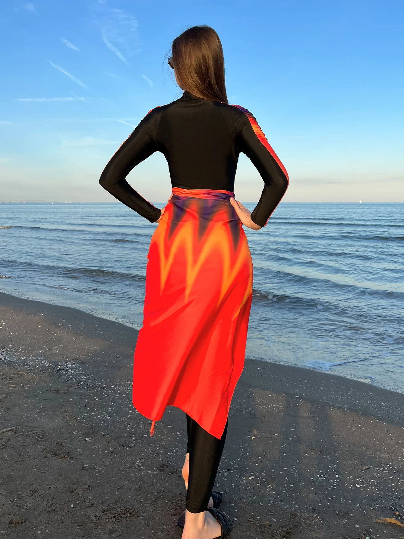 Burkini Femmes Muslim Women's Swimwear Gradient Red Long Sleeve And Pant Sunblock Zipper Swimwear Summer Beach Wear