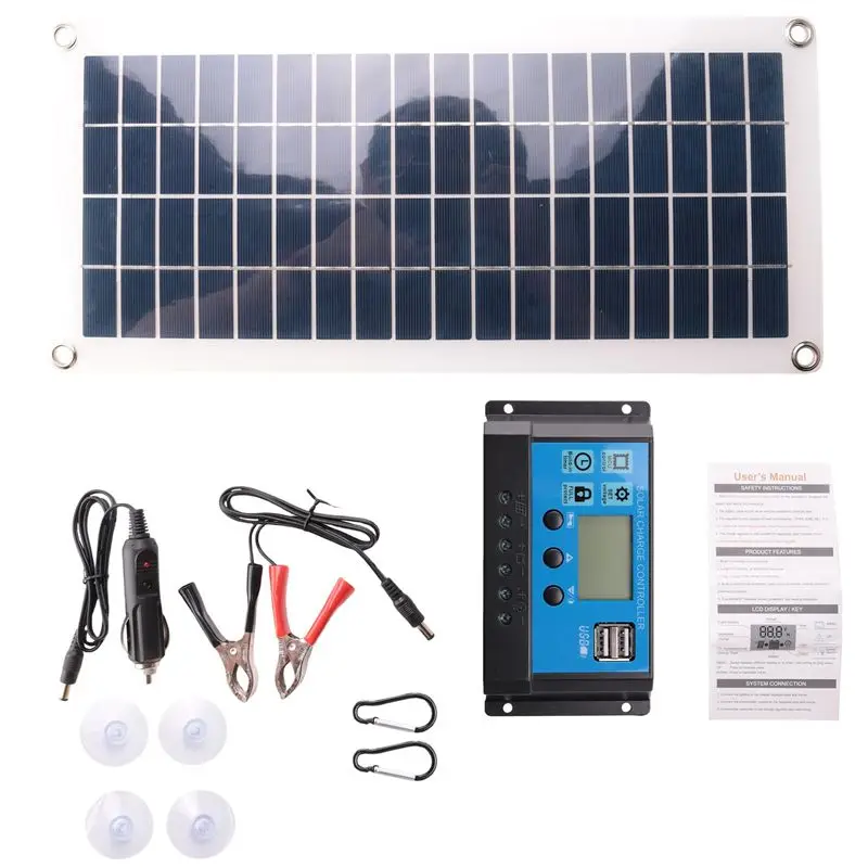 HLZS-30W Flexible Solar Panel Solar Cells For Car RV Boat Home Roof Van Camping Solar Battery, 10A Solar Controller Module