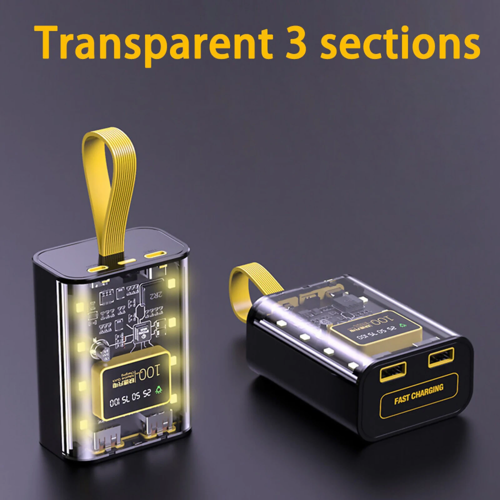 Custodia per caricabatteria 3 * 18650 Scatola per banca di potere fai-da-te Custodia per ricarica rapida PD 22,5 W con luce notturna a LED calda Guscio trasparente Doppio USB