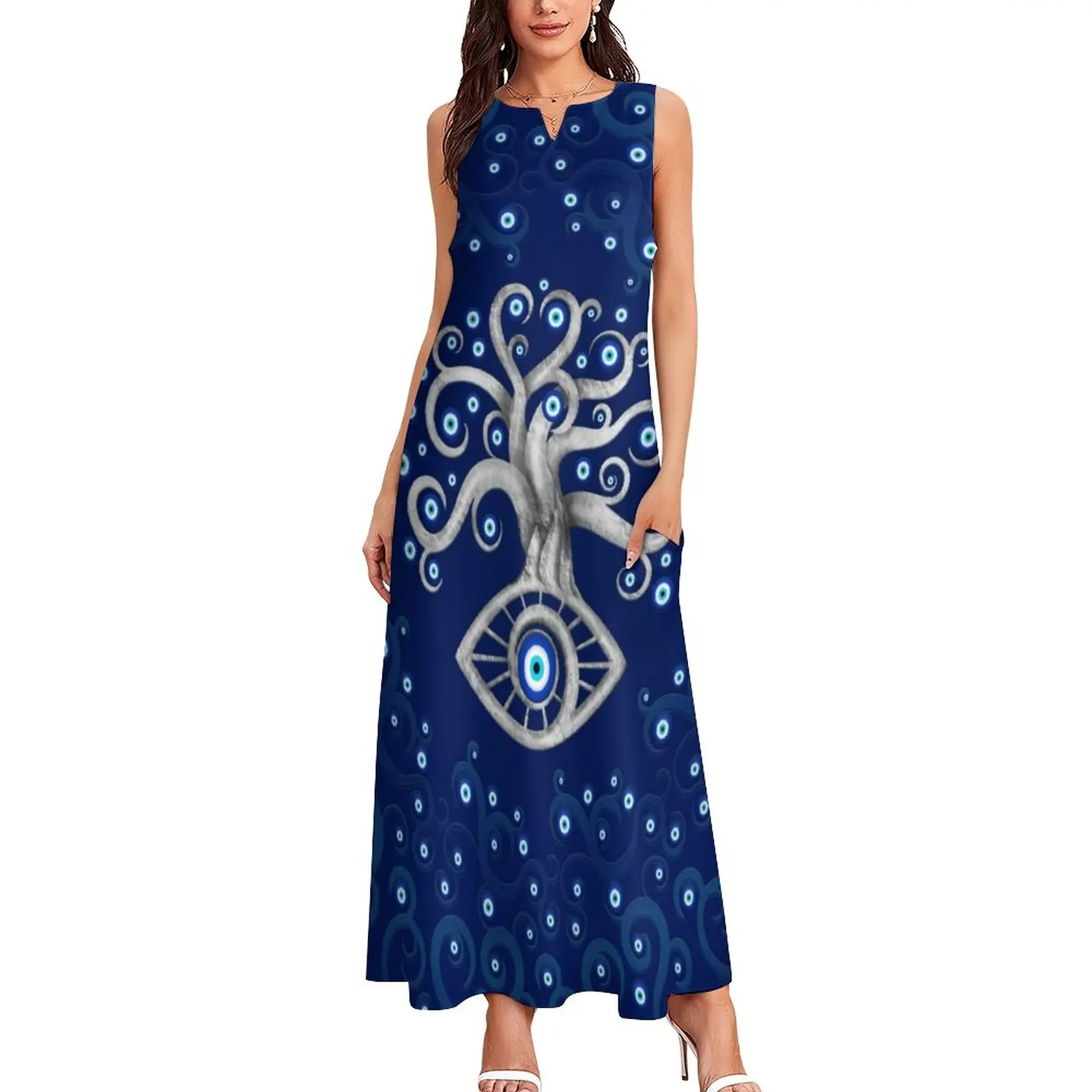 Greek Evil Eye Art Dress Summer Amulet Tree Print Street Wear Bohemia Long Dresses Female Print Elegant Maxi Dress Large Size