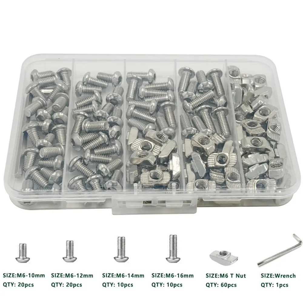120pcs M6 T Nut Screws Kit for 3030 3060 Aluminum Extrusion M6x10/12/14/16mm Hexagon Socket Screws M5 T-Nuts with M6 Wrench