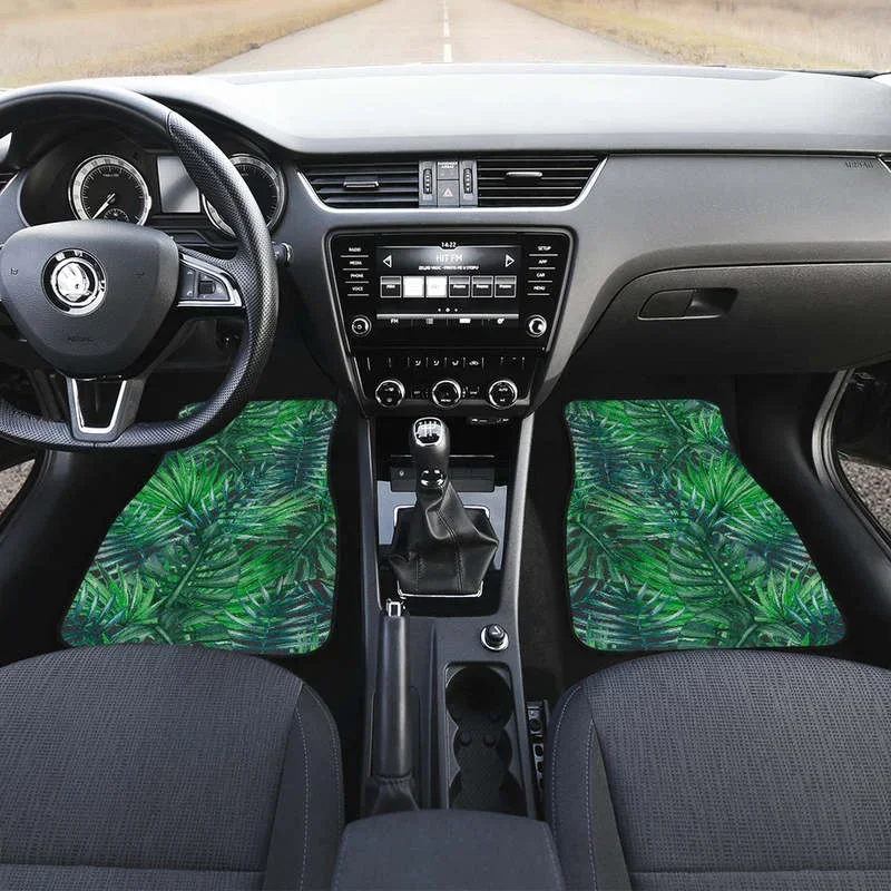 Watercolor Tropical Leaves Pattern Print Front and Back Car Floor Mats Heavy Carpet Front and Rear Full Set 4PCs Pack