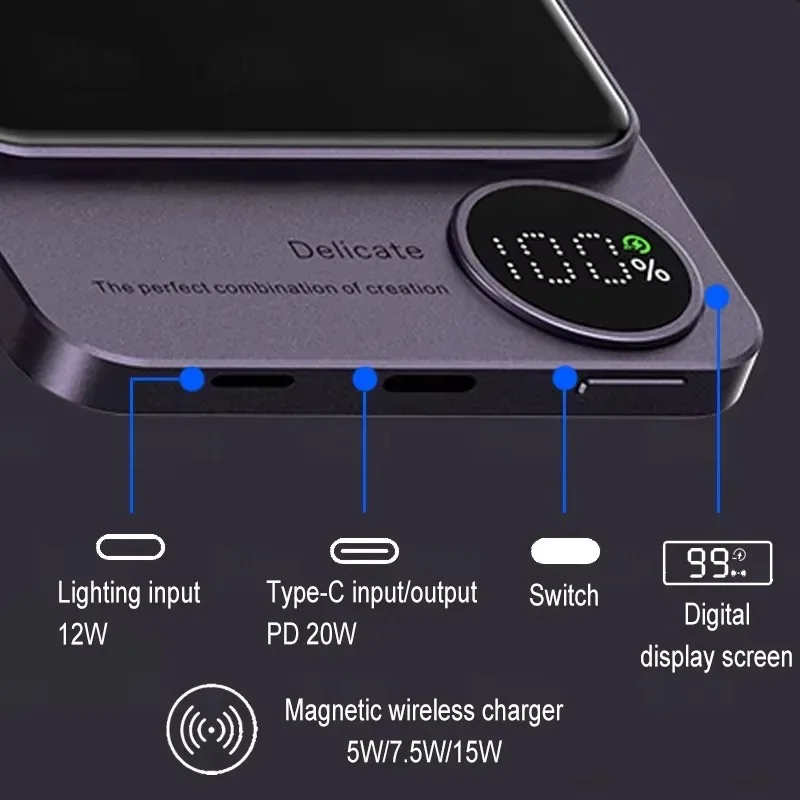 Batteria portatile con caricabatterie rapido wireless da 20 W Powerbank in lega da 10000 mAh per iPhone Xiaomi Samsung