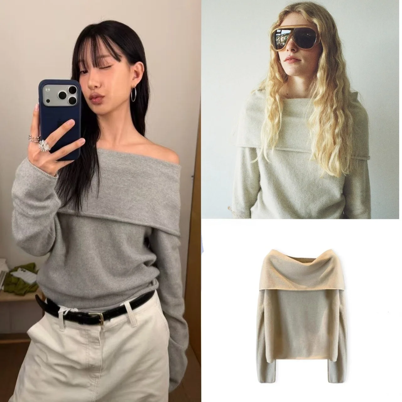 

Monoha Korean Style Pure Color One Shoulder Knitted Sweater Women's Fashionable Casual Long Sleeve Woolen Top