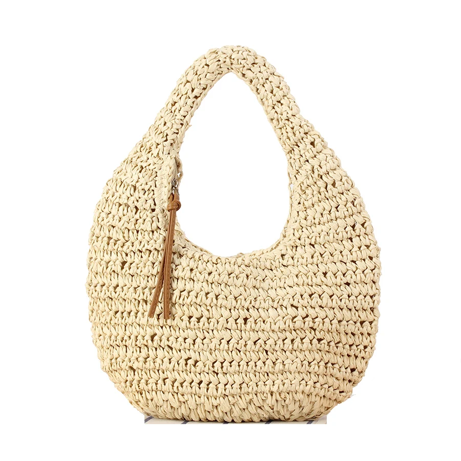 

Bohemia Handwoven Straw Rattan Half-Moon Beach Handbag Large Capacity Women Summer Hollow Out Commuting Zip Shoulder Bag Bolsa