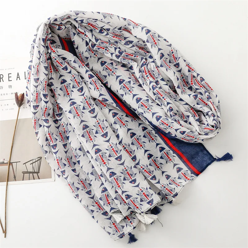 Mori Kei Japan style harajuku fashion cartoon fish bone printed scarf kawaii navy style shawls and wraps female muslim hijab