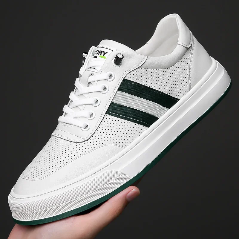 European Shoes for Men Genuine Leather Casual Shoes Spring Flat Skateboard Shoes Fashion Striped Sneaker