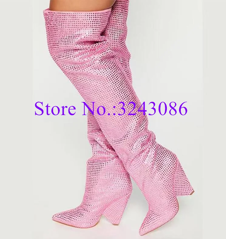 Crystal Spike Heel Over the Knee Lady Long Boots Fashion Bling Bling Wedge Boots Woman Sexy Banquet Shoes