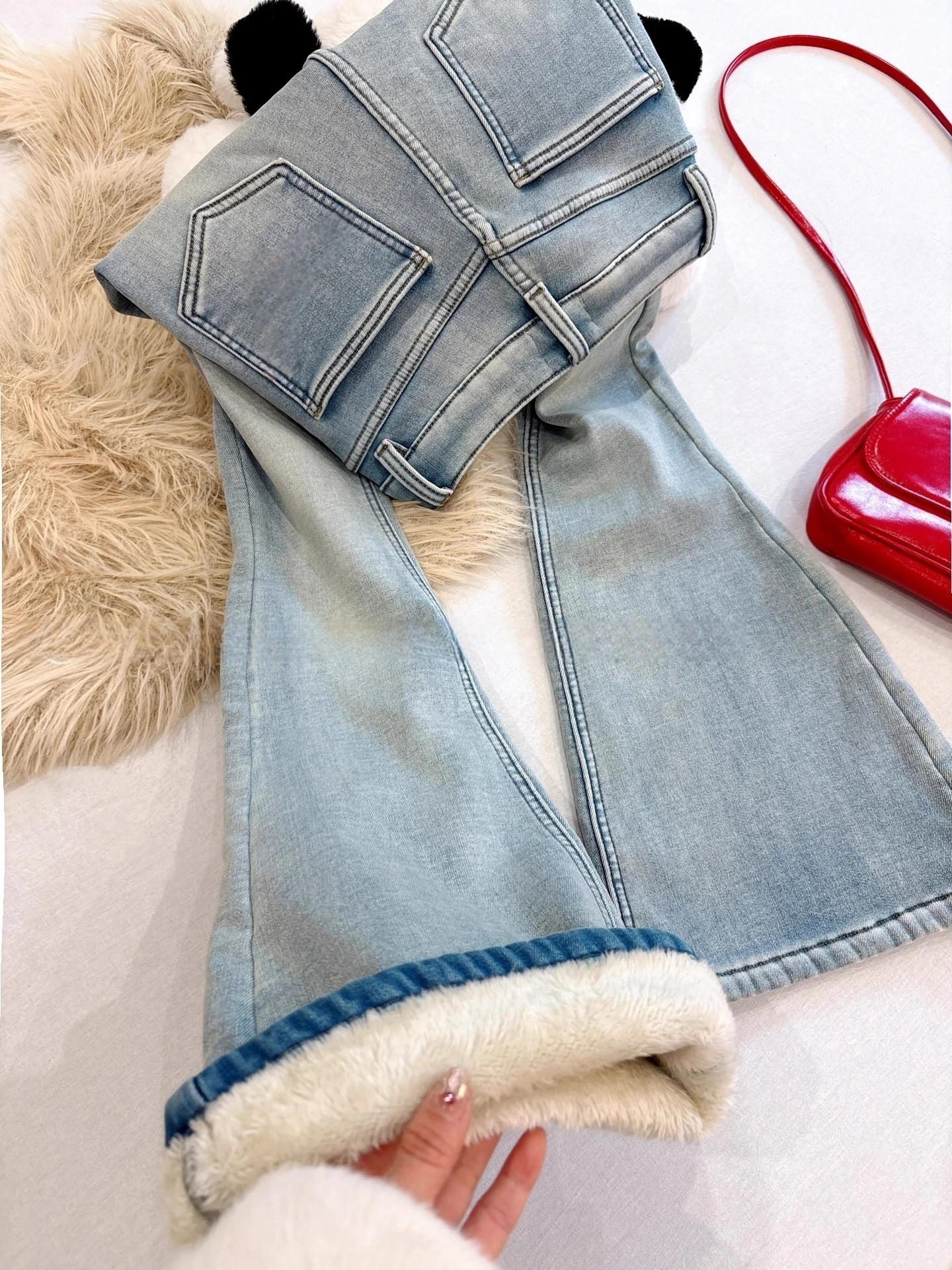 

Thickened Fleece High Waist Slimming Bell Bottom Jeans Women's Winter Warm Stretchy Cotton Denim Retro Style Daily Wear