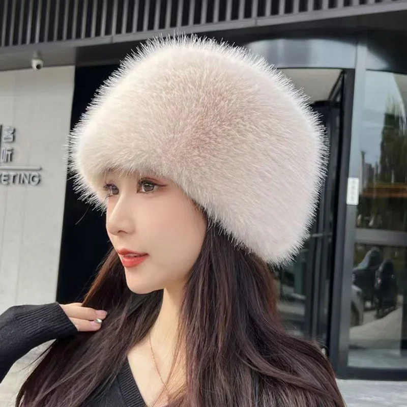 2024 New Fashion Women Winter Flat Top Bucket Hat Faux Fur Plush Eco-friendly Faux Fur Fox Fur Russian Hat Warm Skullies Beanies