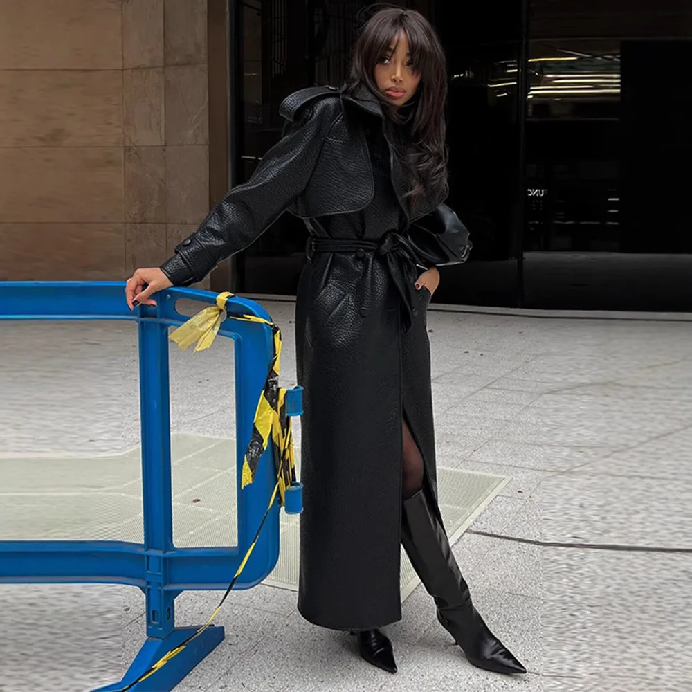 Lente 2025 Lange Textuur Lederen Jas Casual Mode Windjack met Ceintuur Cross-Border PU Lederen Damesjas