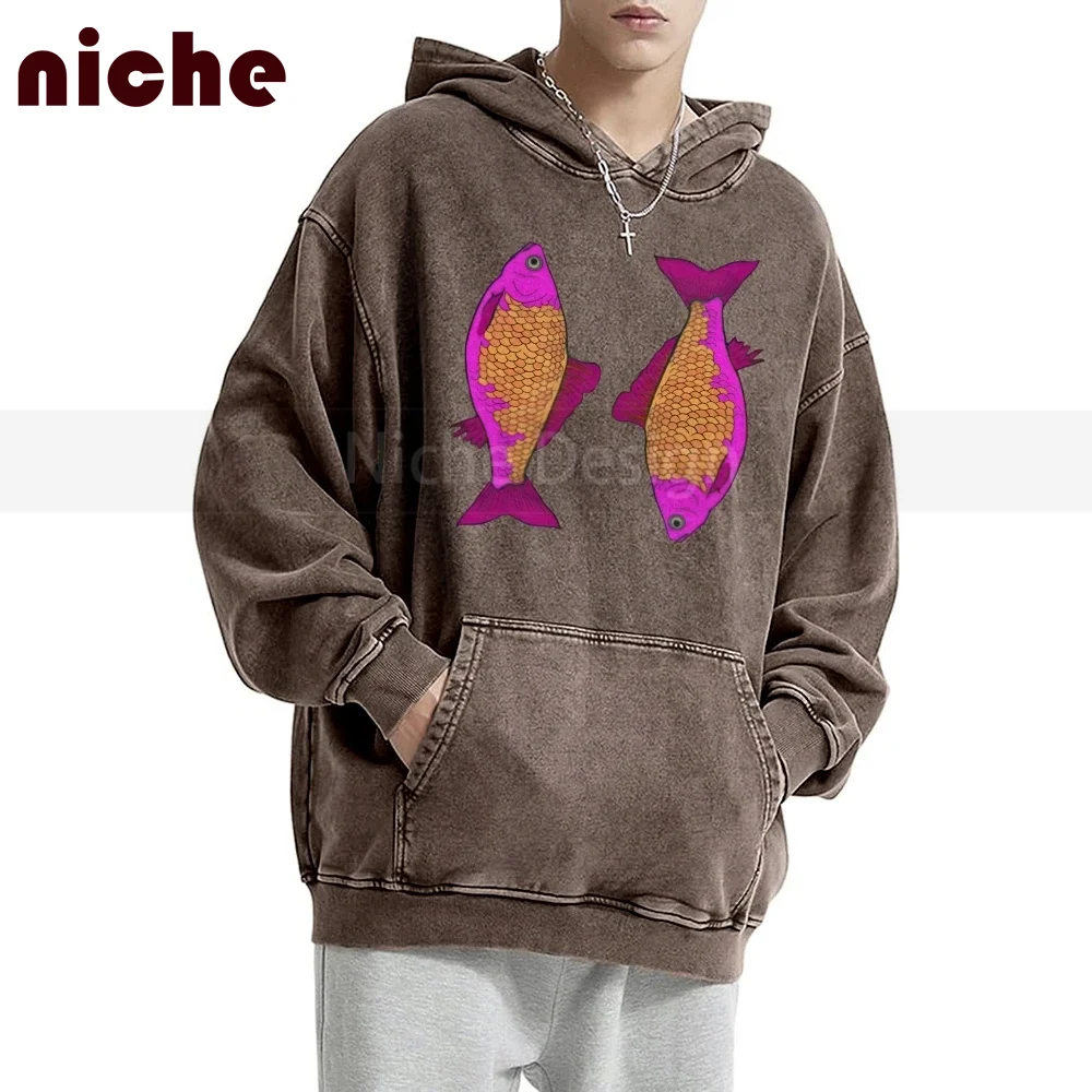

100% Soft Cotton Hoodie Purple Pink Fish Shoal Pattern Pullover Hoodie Unisex Print Graphic Sweatshirt for Men Women Kids