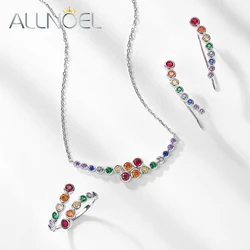 ALLNOEL 925 Sterling Silver Jewelry Set for Women Ring Clip Earrings Necklace Set Colorful Zircon Trendy Party Fine Jewelry Gift