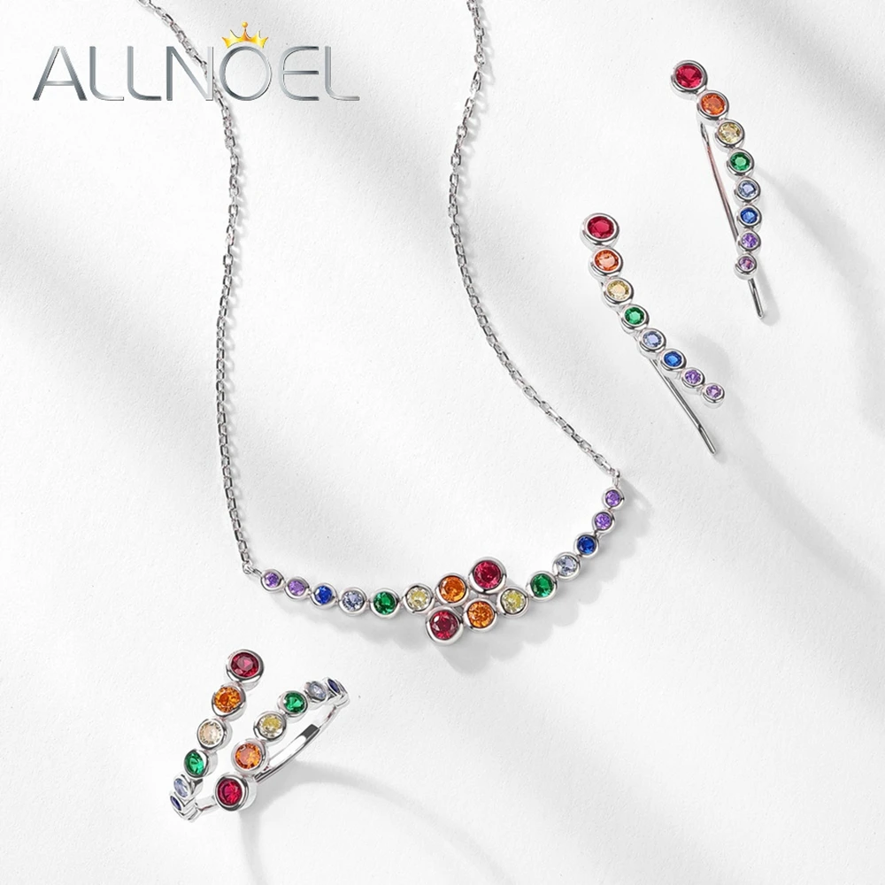 ALLNOEL 925 Sterling Silver Jewelry Set for Women Ring Clip Earrings Necklace Set Colorful Zircon Trendy Party Fine Jewelry Gift
