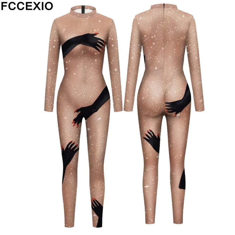 Fccexio black hands touch shinny body print sexy women jumpsuit Carnival cosplay female bodysuit long sleeve Monos Mujer S-XL