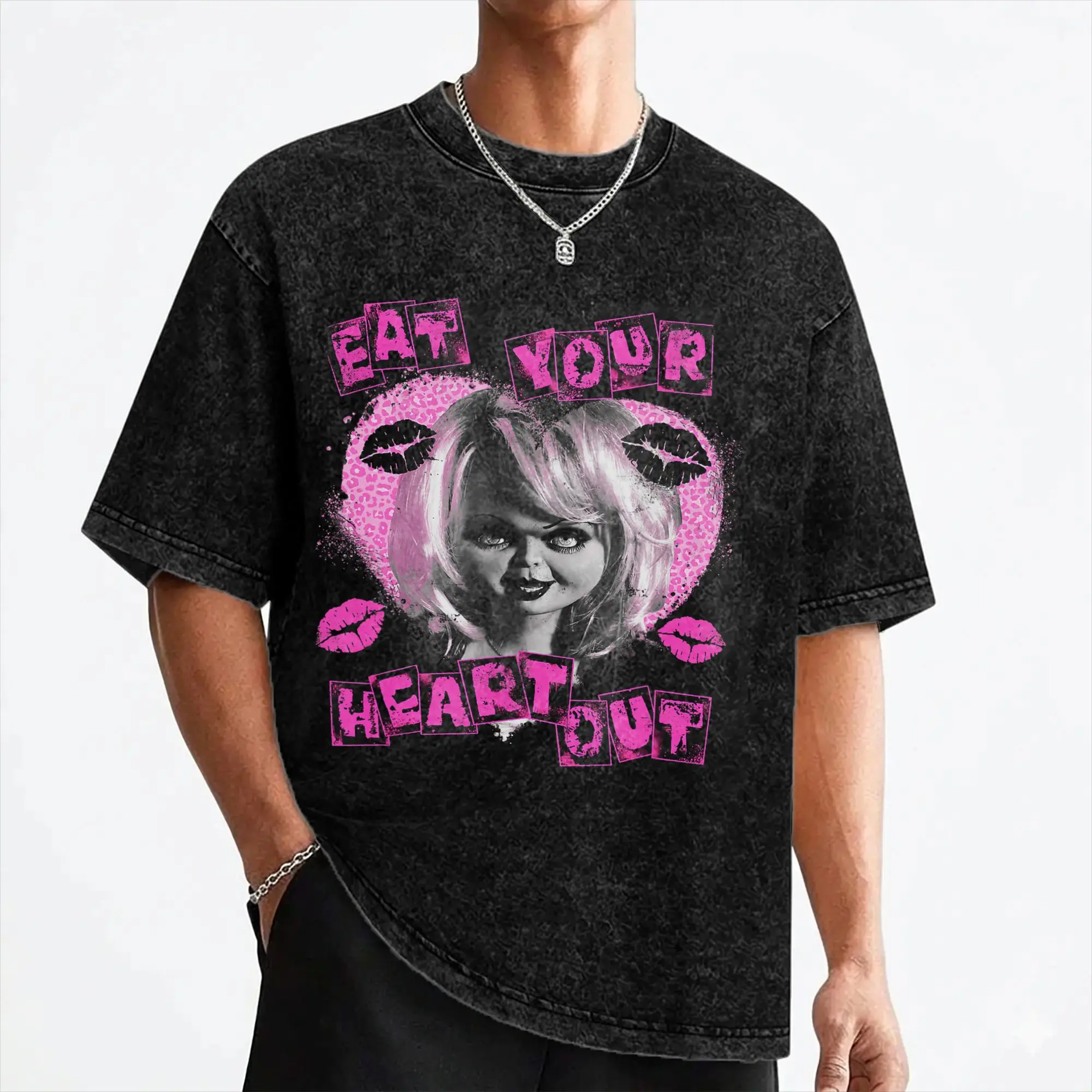 Chuckys Eat Your Heart Out T Shirts Washed Short Sleeve Oversize T-Shirts Halloween Vintage Men Women Streetwear Summer Tees