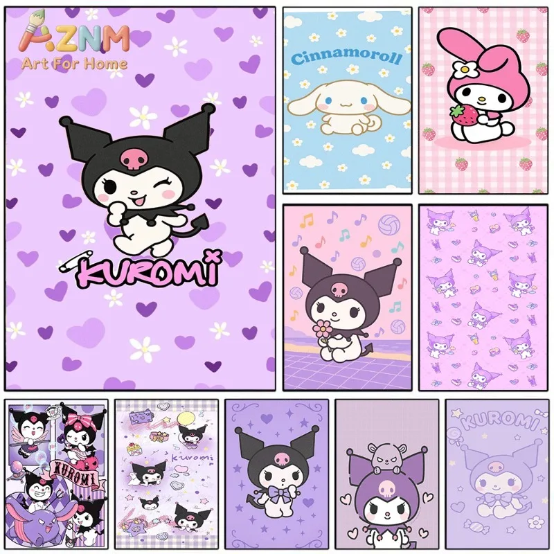 Kuromi Cinnamoroll My Melody Canvas Poster Cute Sanrio Cartoon Print Unframed Canvas Art Sweet Purple Aesthetic Wall Decor Gift