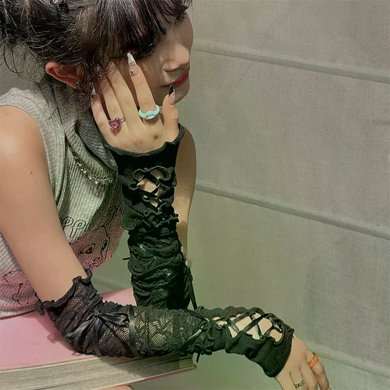 Women Strapping Lace Fingerless Hot Sexy Arm Sleeves Diy Lace-up Sunscreen Gloves Elastic Mesh Punk Gloves Clothing Accessories
