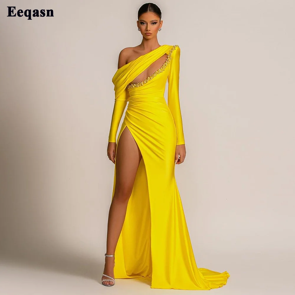 

Eeqasn Yellow Mermaid Silk Satin Women's Evening Dresses Long Sleeves Beaded Pearls Split Formal Prom Gowns Wedding Party Dress