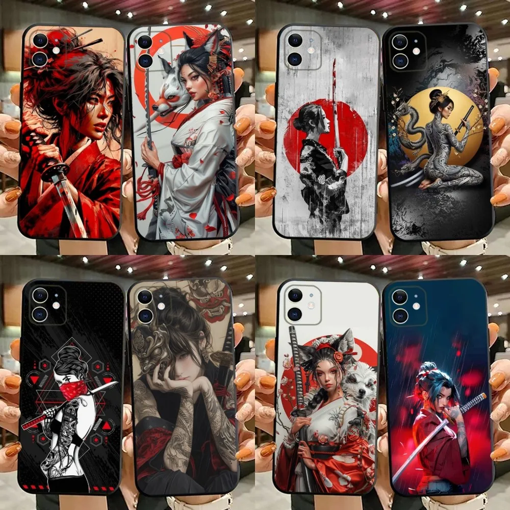 Japanese Samurai Geisha Phone Case For iPhone 15,14,13,12,11,Plus,Pro Max,XS,X,XR,SE,Mini,8,7 Soft Silicone Black Cover