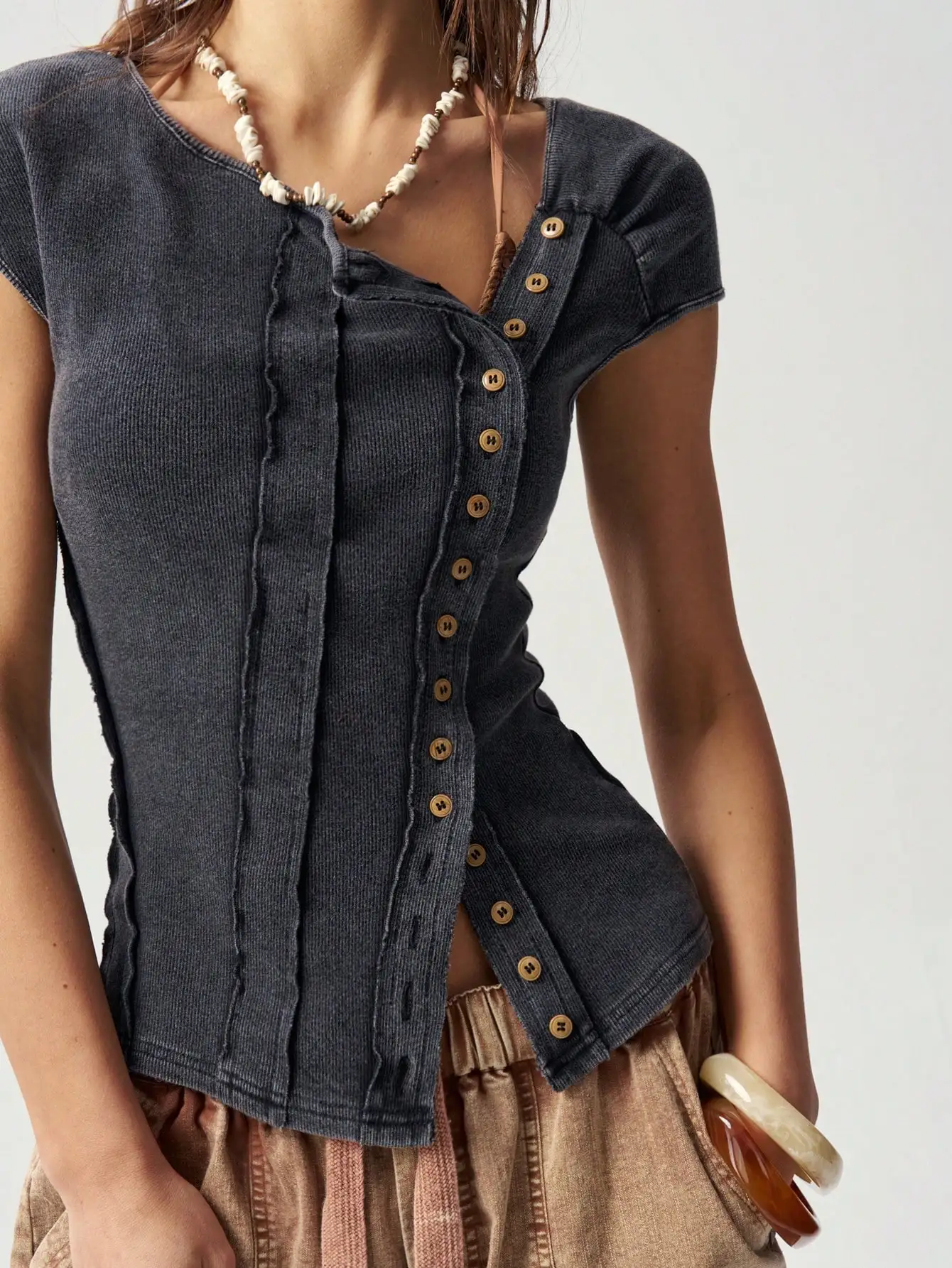 Charcoal Gray Washed Knit Tee, Convertible Collar Short Sleeve Boho, Western Country Summer Concert Top for Women