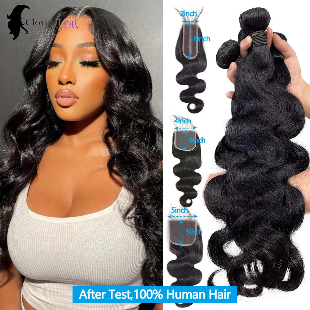 Body Wave Human Hair Bundles And Closure 2x6 4x4 5x5 Lace Closure 26 inch Human Hair Bundles With Closure Brazilian Raw Hair Bundles 100% Human Hair Extensions Soft Thick Body Wave Bundles Deals No Tangle Shedding With Transparent Lace Closure For Women