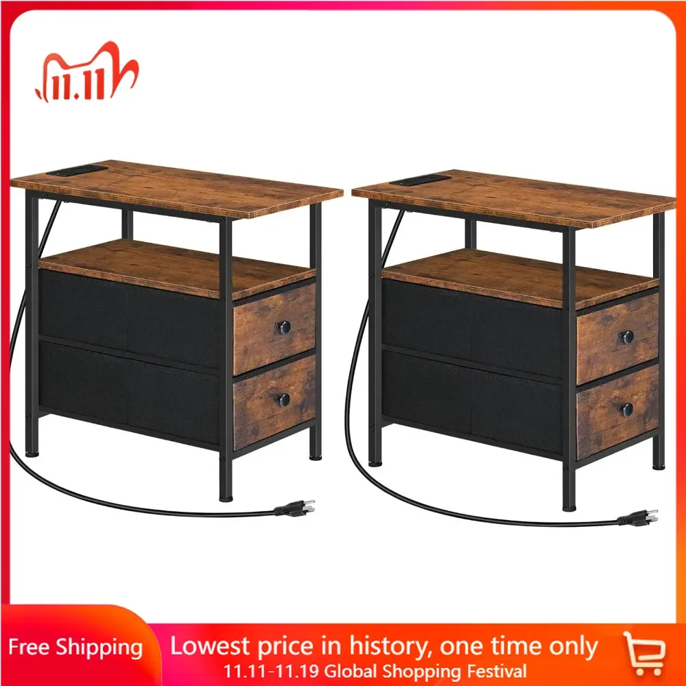 

Side Table with Charging Station, Nightstand with 2 Non-Woven Drawers, Slim Coffee Table, 2-Piece Narrow Side Tables Set