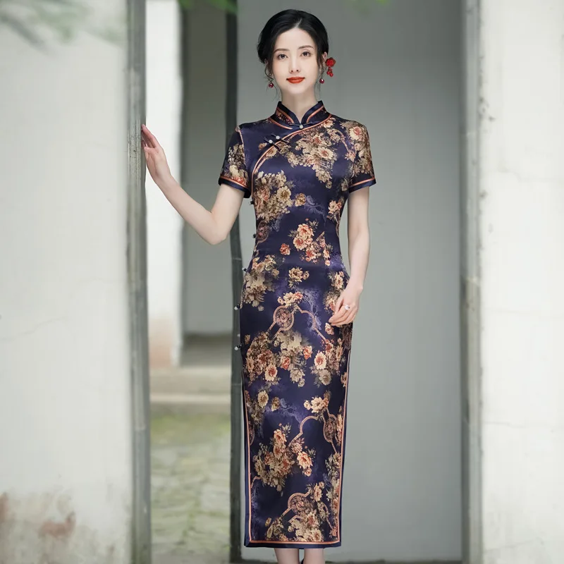 Old Shanghai High Quality Real Silk Cheongsam Qipao 2024 New Improved Retro Chinese Style Dress Temperament Long