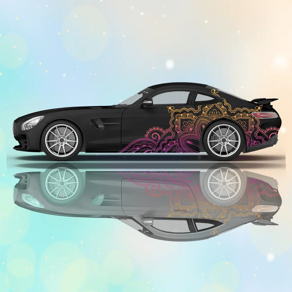 2pcs Line Mandala Flower Car Side Wraps, Self-Adhesive PVC Waterproof & Scratch-Resistant Stickers, Car Accessory Gift view 5