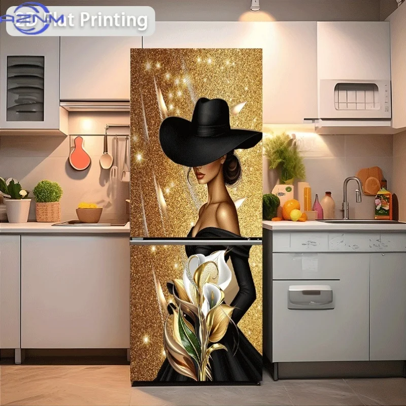of Refrigerator Sticker Measuring 60X180 Cm Featuring a Woman in a Black Hat with a Golden Floral Theme, Self-Adhesive Wall De