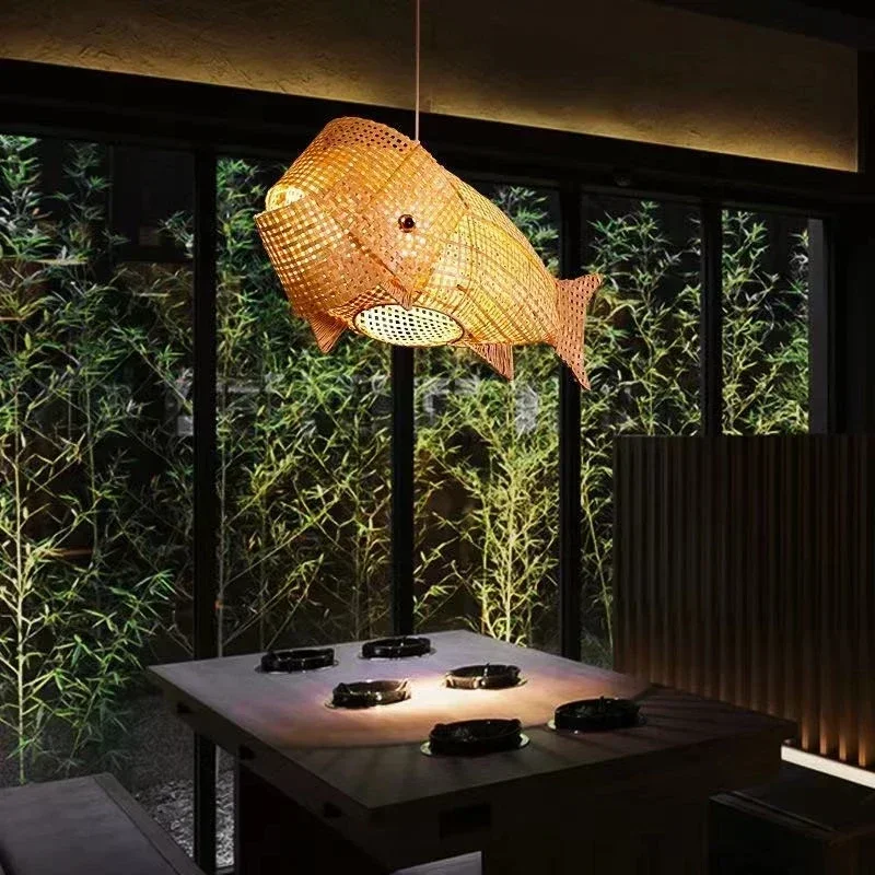 

Bamboo Modern Fish Lamp Bamboo Shed Wooden Candlestick Foyer Garden Restaurant And Living Room Lighting Chandelier