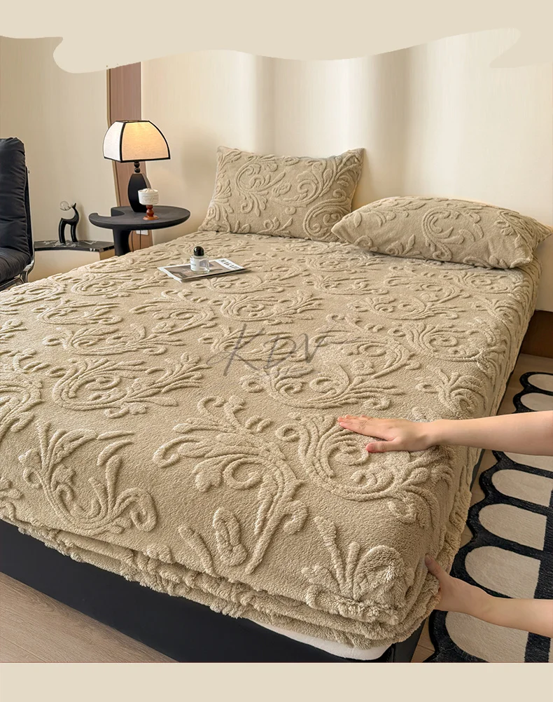 European Style Jacquard Plush Fitted Sheet Winter Thick Warm Fleece King Mattress Cover with Deep Pocket Single Double Bed Sheet