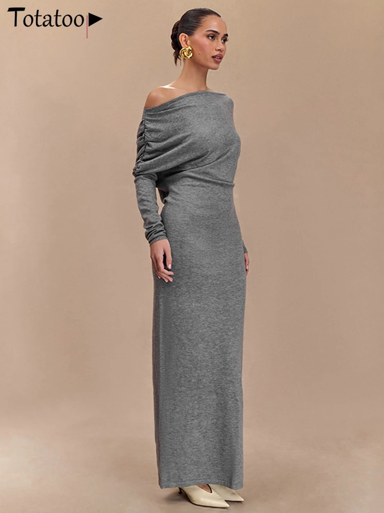 Totatoop Off Shoulder Ruched Bandage Maxi Dress For Women 2024 Autumn Winter Basic Long Dress Slim Vintage Party Solid Robe