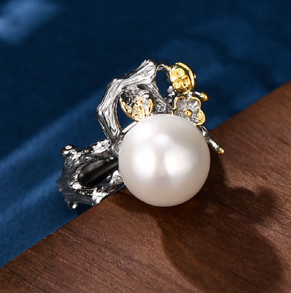 

Retro hollow flower pearl ring 925 natural round South Sea pearl split ring AAAA10-11mm