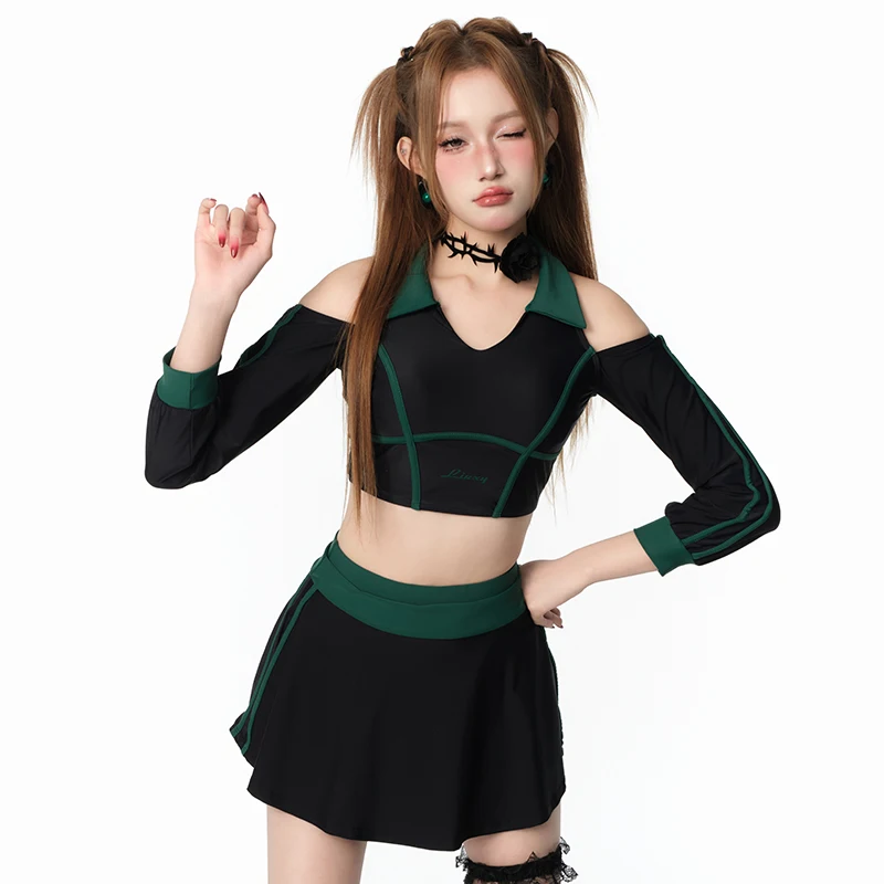 

Ladies Swimsuit Two Pieces High Waist Long Sleeves Beach Wear Padded Sexy Surfing Suit Korean Style Sports Rash Guards