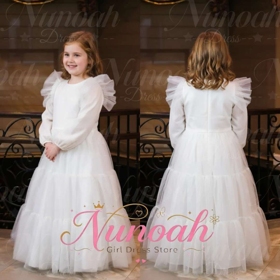 Multi-color Kids Flower Girl Dress Long Sleeve Ruffle Shoulder Glitter Tulle Maxi Gown Girls Wedding Birthday Pageant Gowns