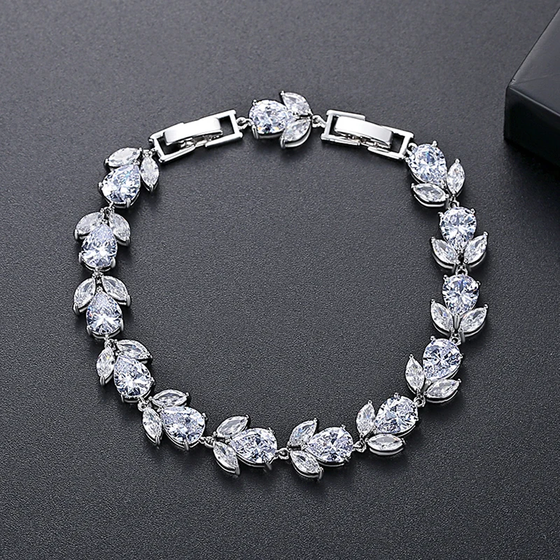 LUOTEEMI Leaf Shape CZ Bracelet High Quality Luxury Cubic Zirconia Bridal Wedding Women Hand Jewelry Bracelets With Extension