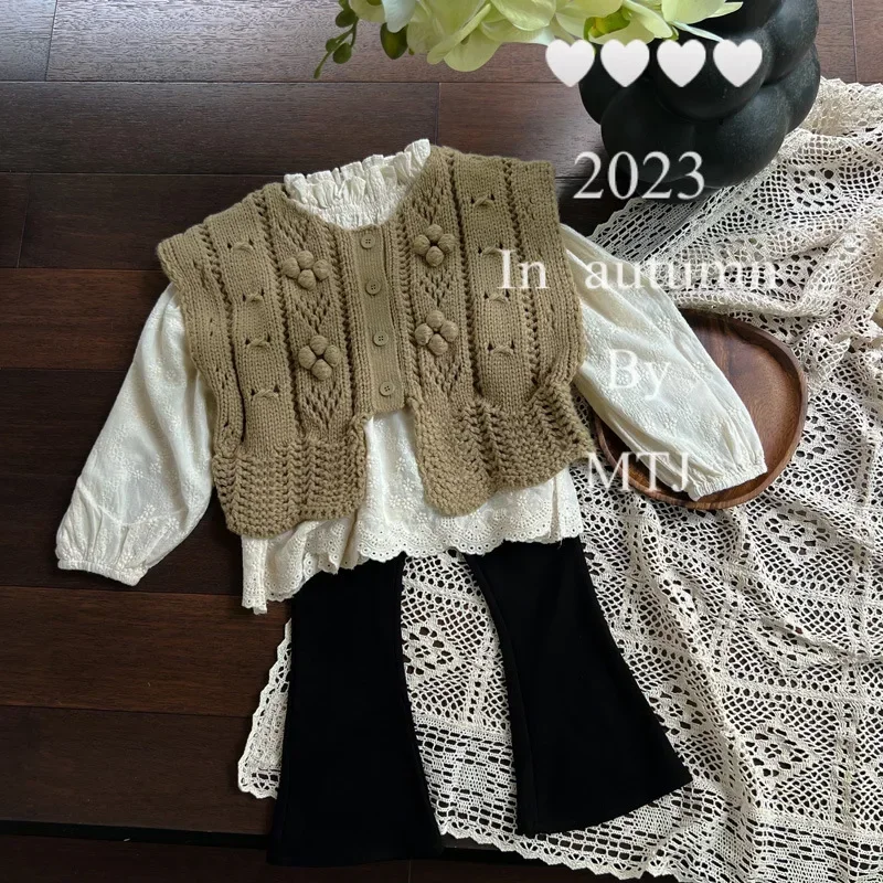 2023 Korean Baby Girls Crochet Vest Knitted Vest Floral Hollow Out Green Vest Tops Baby Clothes