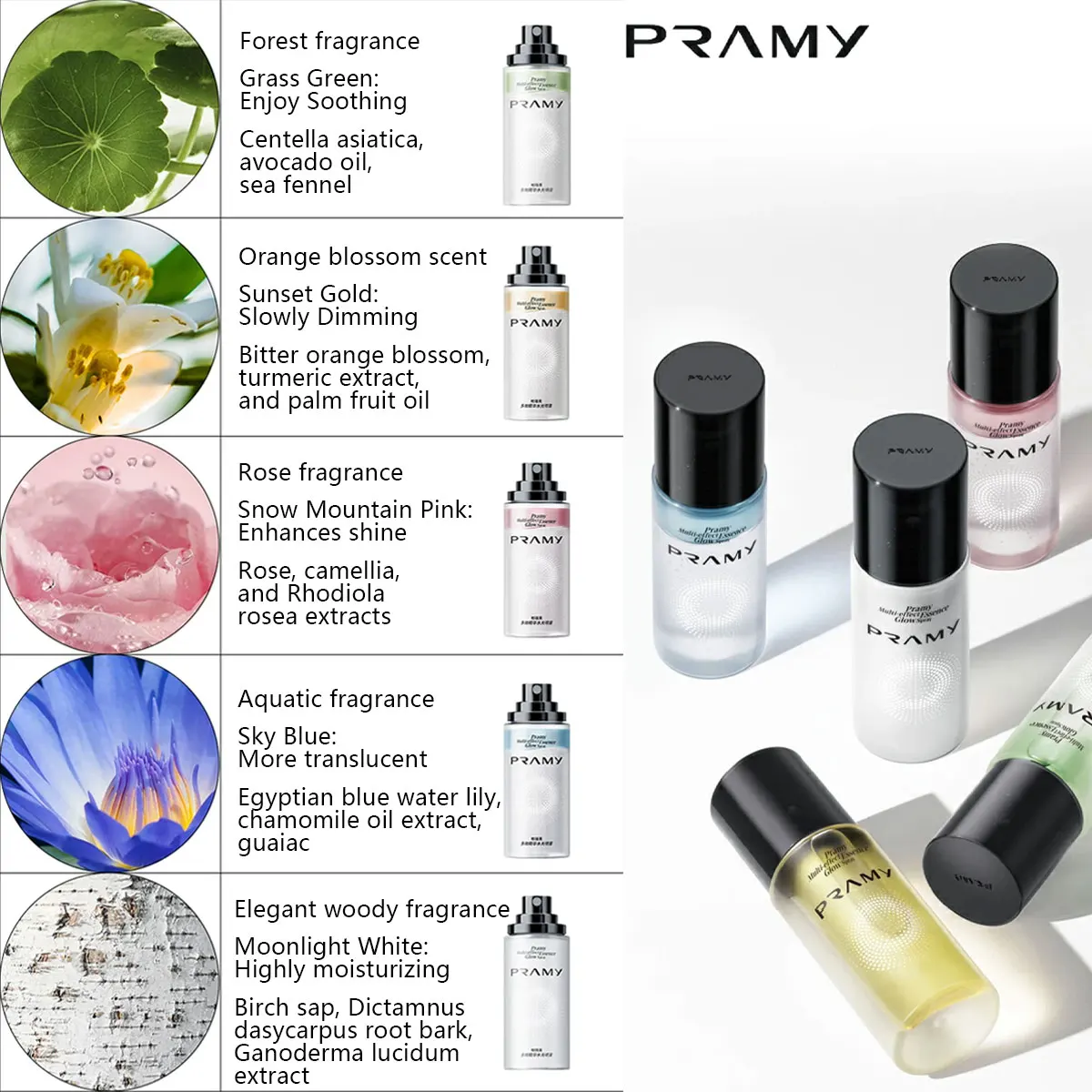 Pramy Multi-Effect Essence Glow Spray,Pre-Makeup Hydrating & Radiant Complexion,Dewy Finish & Lightweight,Makeup Adhesion Boost