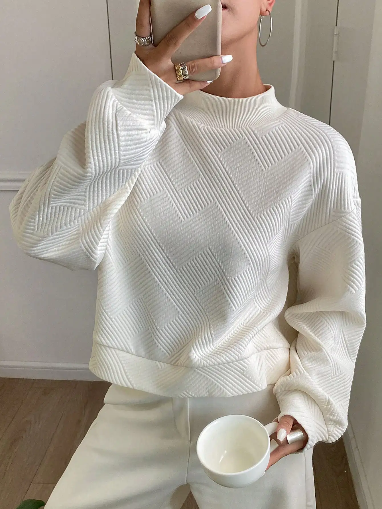 

Женская белая толстовка свободного кроя с геометрическим ребристым узором, осенний повседневный пуловер с длинными рукавами
