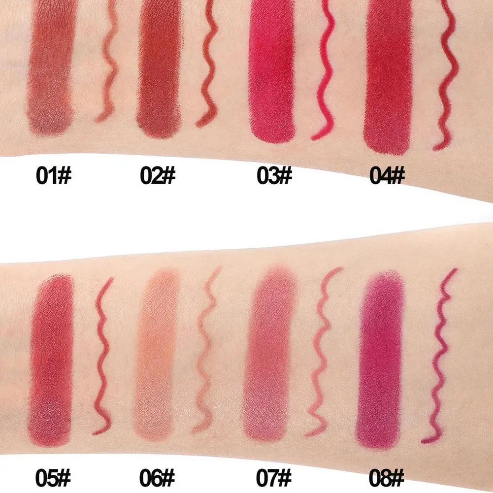 2Pcs 매트 립스틱 & 립 라이너 2in1 세트 오랫동안 지속되는 스틱 컵 립 라이너 메이크업 립 스테인은 쉽게 퇴색하지 않습니다 방수 립 라이너