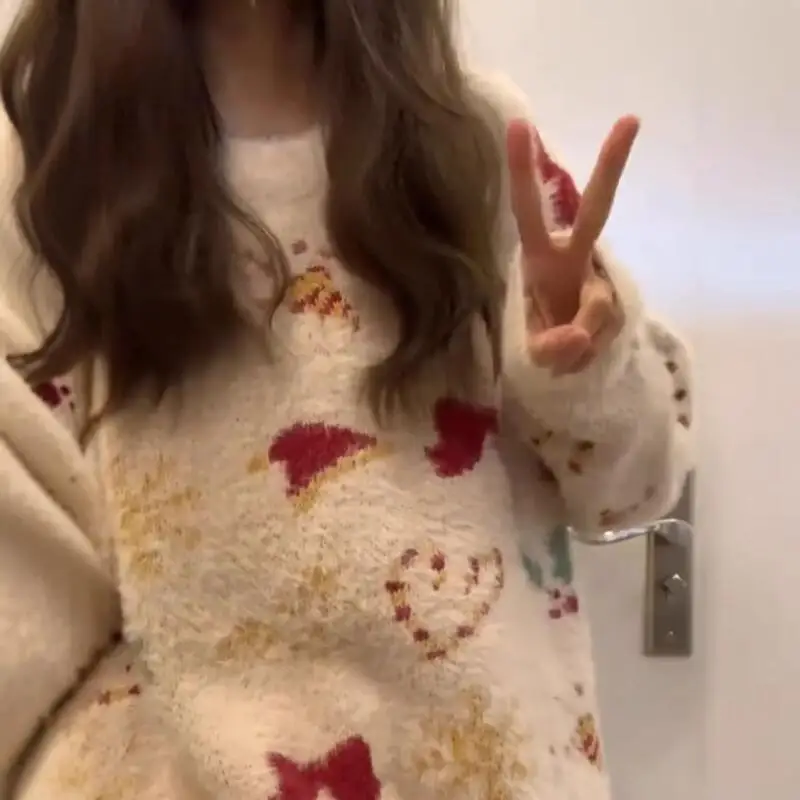 

Лидер продаж 2026 года, осенне-зимний модный рождественский женский пуловер в ленивом стиле, милый милый дизайн, вязаный свитер с круглым вырезом