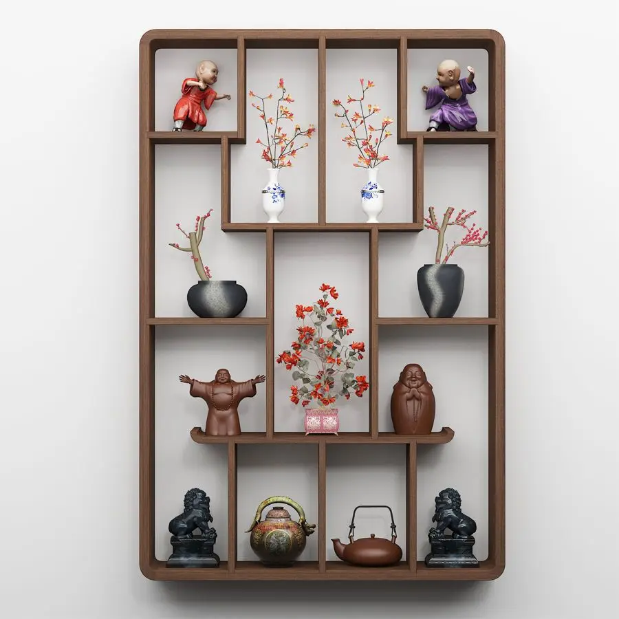 YFY New Chinese Solid Wood Bogu Frame Wall Hanging Duobao Pavilion Living Room Wall Shelf Simple Modern Display Rack Tea Rack
