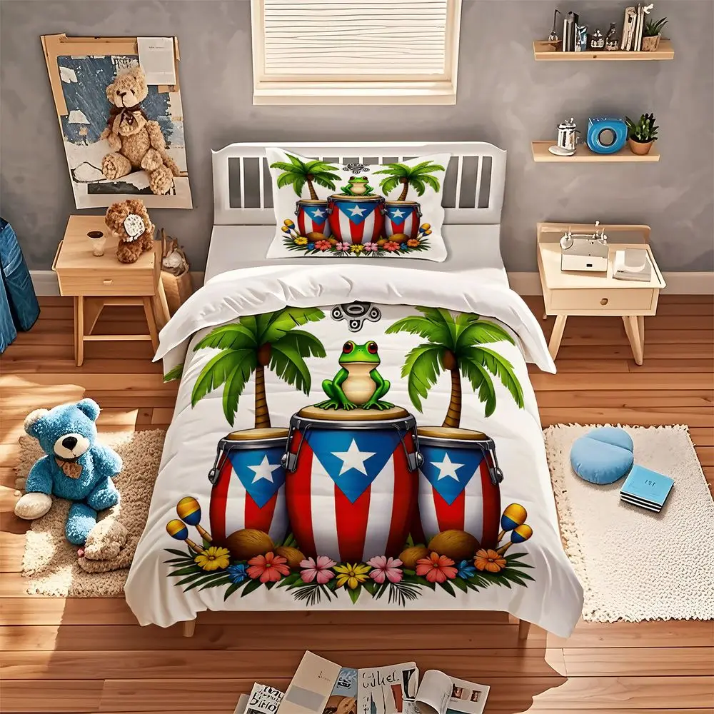 Puerto Rico Frog Tropical Floral Print Duvet Cover Set Comforter Cover Bedding Set No Filler Vacation Style Bedroom Bedding Kit