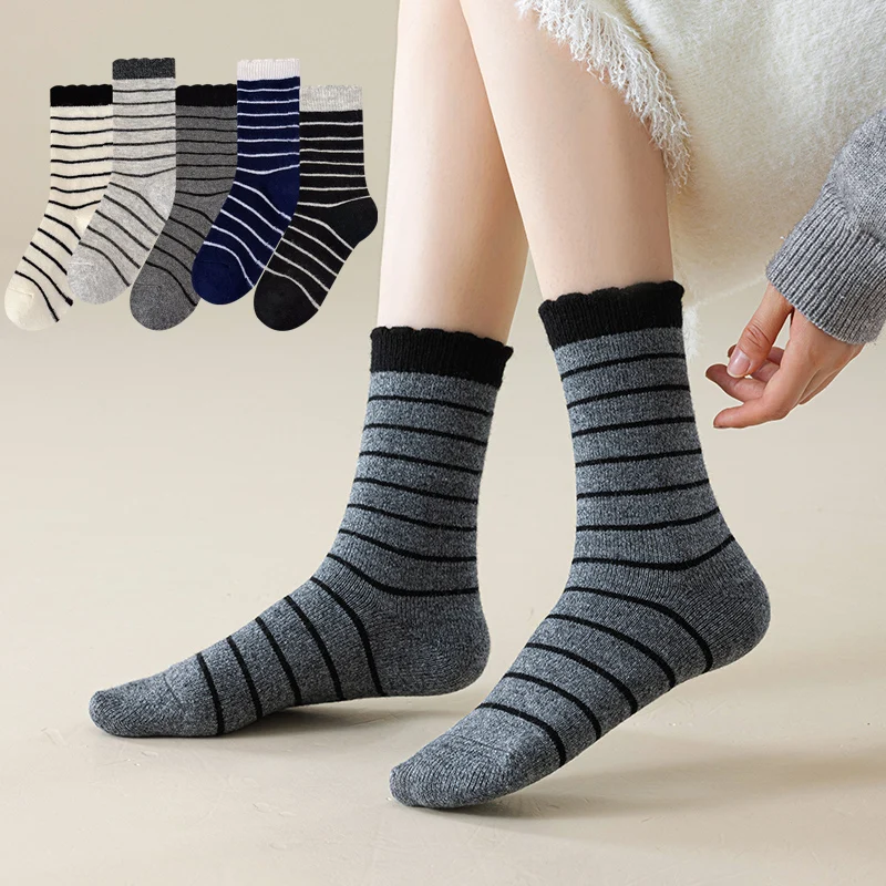 

5 пар женских повседневных шерстяных носков в полоску, удобная термобелье для экипажа, теплая осенне-зимняя одежда, подарки