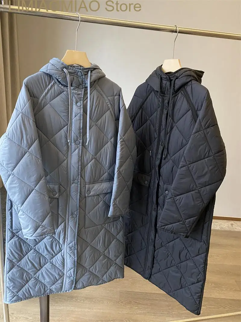 New Winter Women Long Blue Parkas Long-sleeve Loose Hooded Thickened Cotton Clothes Female Midi Jacket Warm Coat Mujer