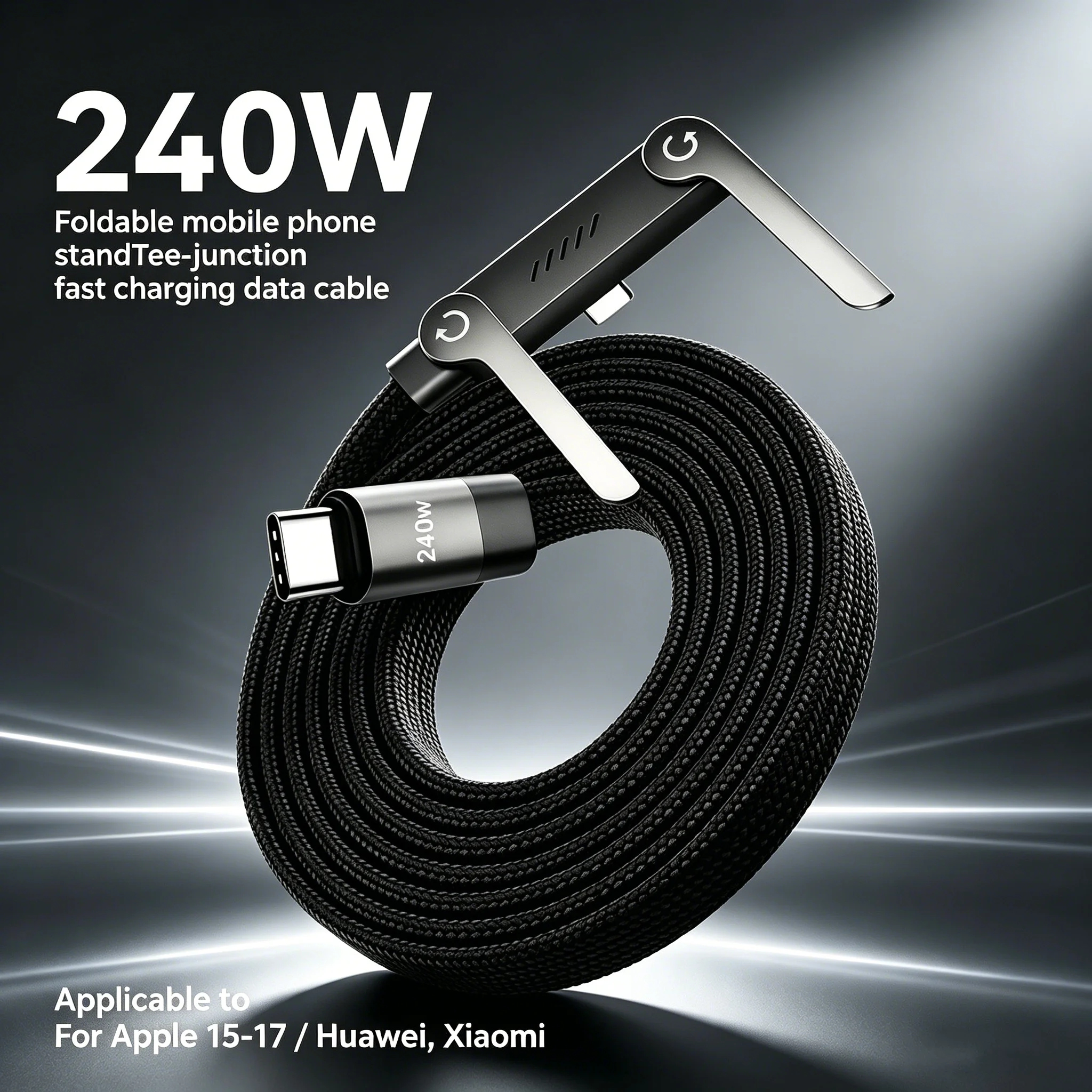 Foldable Stand Integrated 240W Type-C Fast Charging Cable, Durable Braided Multi-purpose Charging Cord, Universal for iPhone