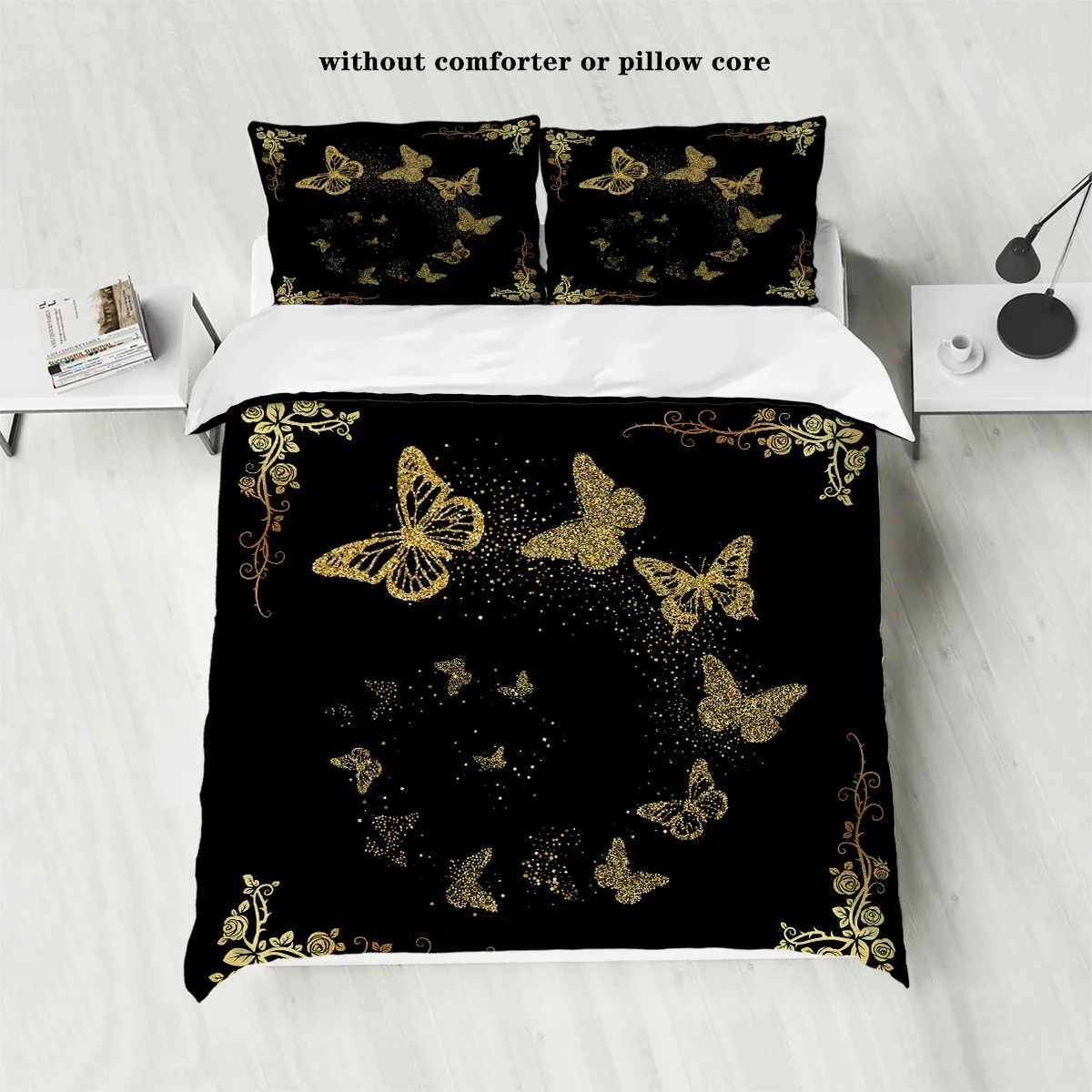 3-piece set of golden butterfly printed down duvet covers (1 down duvet cover+2 pillowcases, no core) soft bedding set