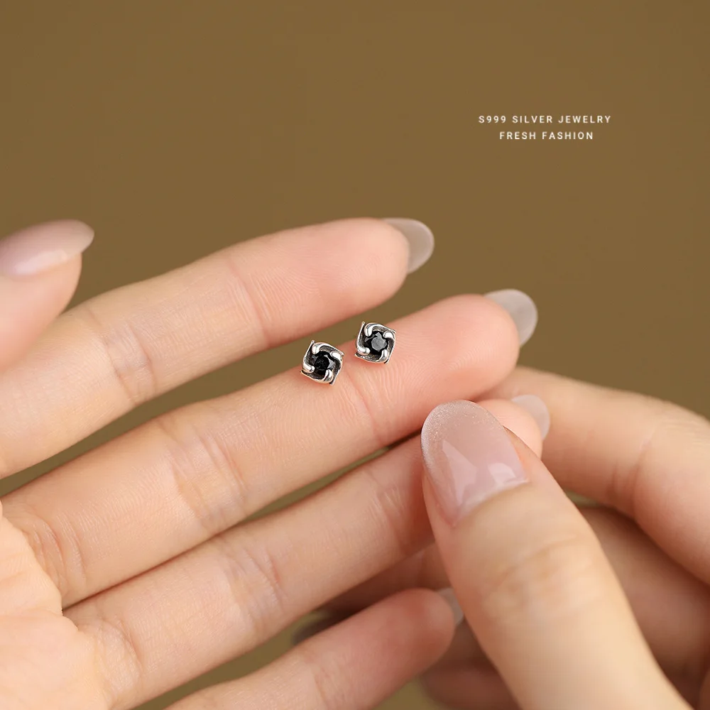 ITSMOS S999 Sterling Silver Black Zircon Spiral Windmill Studs Female Ins Mini Sweet Cool Wind Thai Silver Earrings for Women