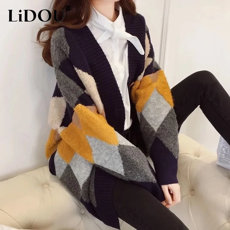 Autumn Winter New Plaid Fashion Long Sleeve Sweater Women High Street Casual Loose Button Cardigan Thicken Chic Plus Velvet Top